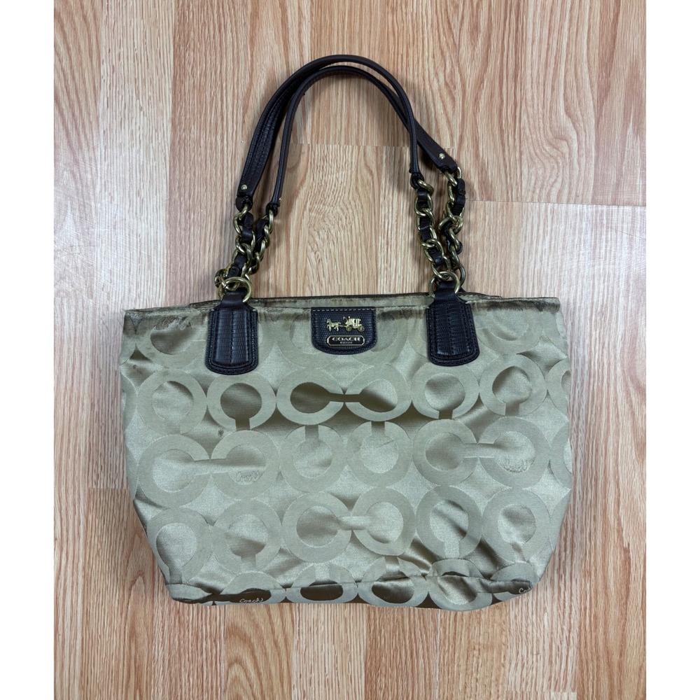 Coach Champagne Gold Optic C Signature Sateen Tote Bag Brown Leather Trim Brass